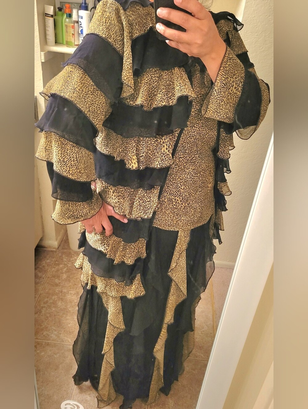 Vintage Black and Animal Print Tiered Ruffle Skirt Set